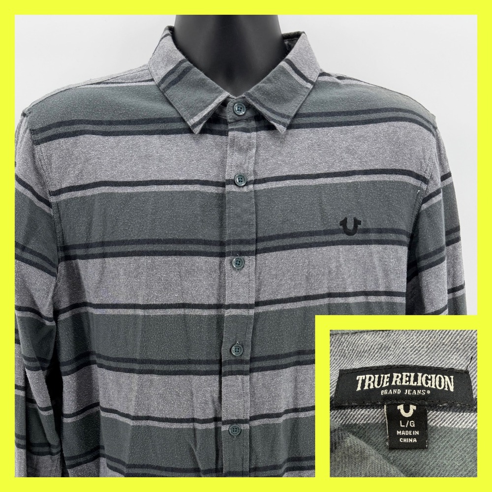 True Religion Mens Large‎ Gray Striped Long Sleeve Button Down Shirt Shipyard